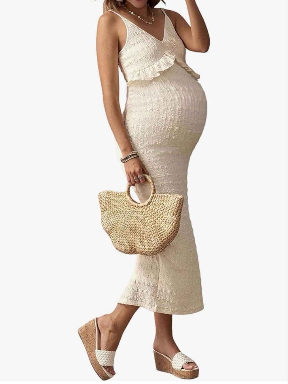 Maternity Cream Knit Ruffle Dress